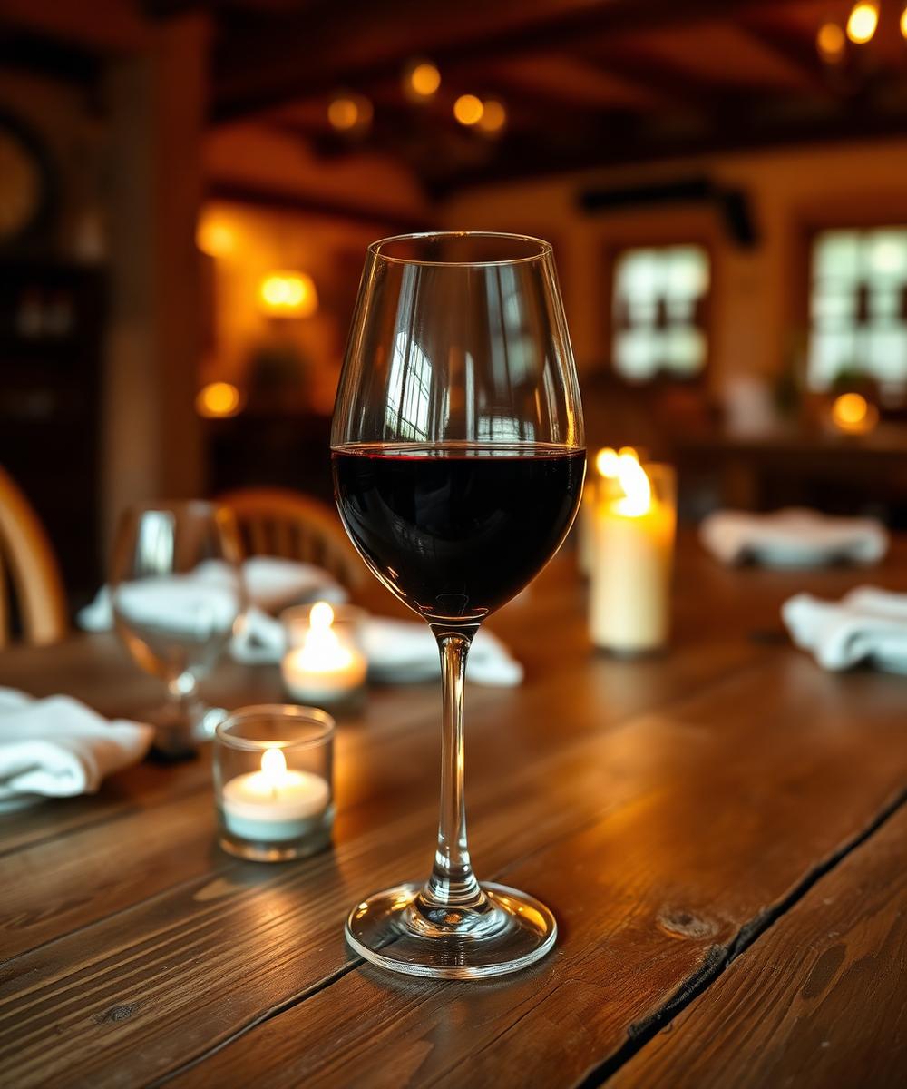 Imagen editorial de copa de vino sobre mesa de madera