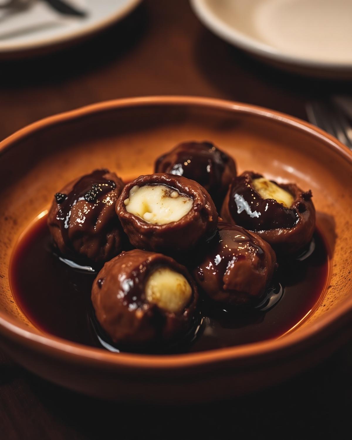 Imagen editorial de albóndigas en salsa oscura